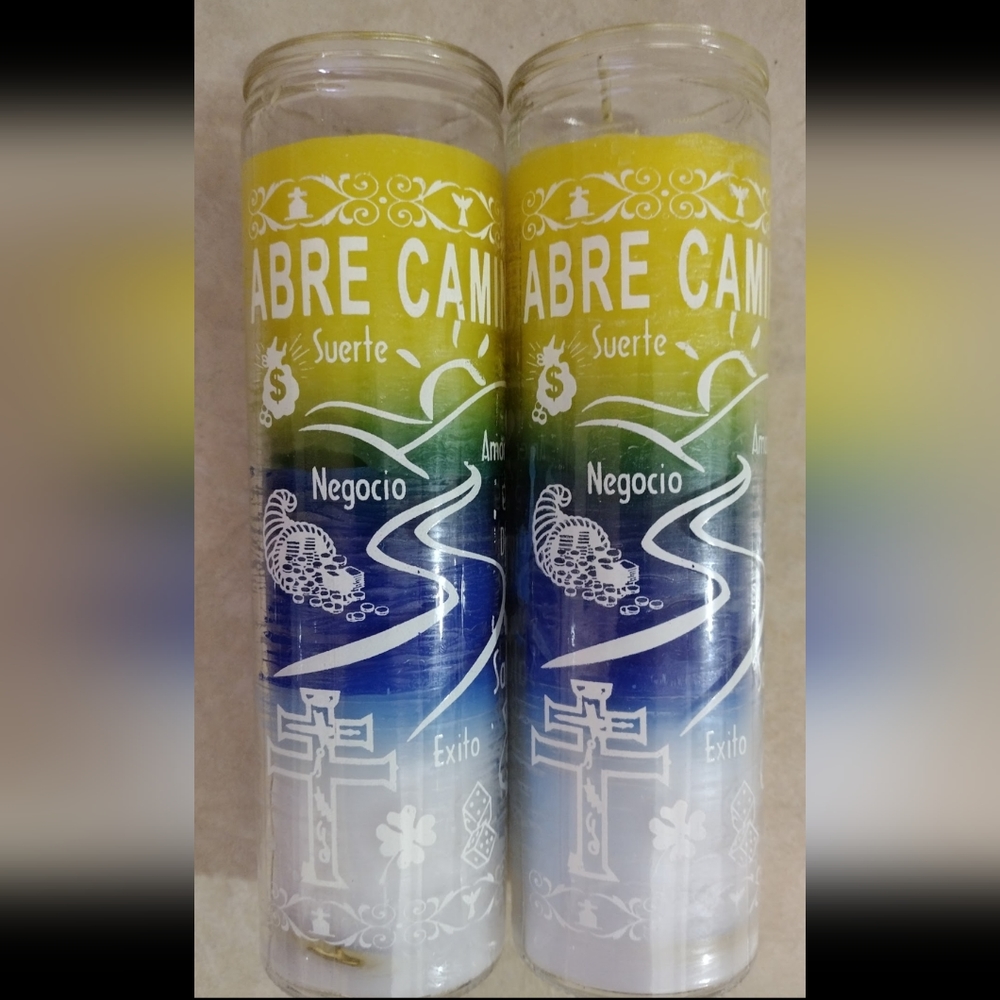2X ABRE CAMINO VELADORAS DE VIDRIO / OPEN THE WAY - 2 GLASS CANDLES - FREE SHIP